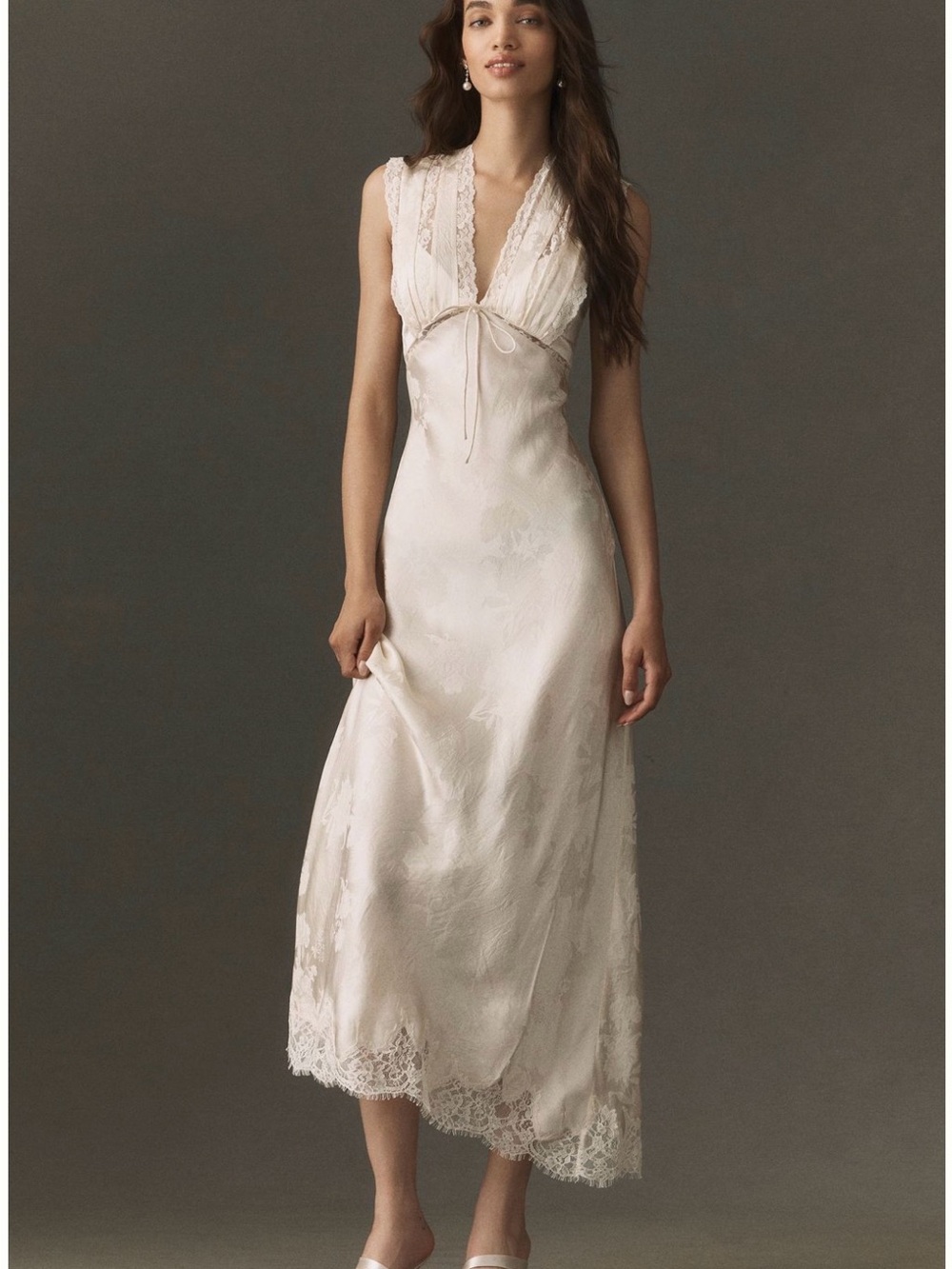 For Love & Lemons Adrift Satin Maxi Cream Lace-Trim Slip Dress | XS | NWT